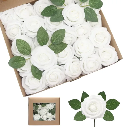 Vista 12 de Rosas artificiales de color rosa claro, 100 unidades, rosas falsas de espuma de aspecto real con tallos para ramos de boda, centros de mesa