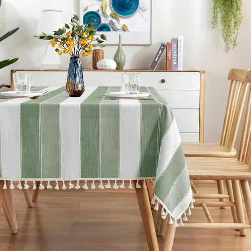 Vista 8 de AmHoo Mantel rectangular con borlas a rayas para mesa de cocina y comedor, 55 x 55 pulgadas, color verde azulado