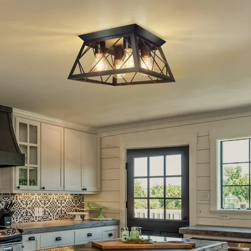 Vista 9 de FadimiKoo Lámpara de techo empotrada negra de 2 luces, lámpara de techo industrial para cocina de granja, lámpara de techo de jaula cuadrada