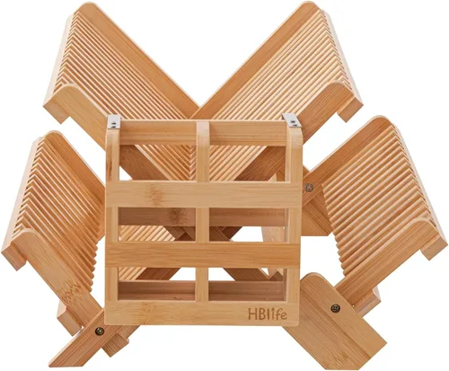 Vista 8 de HBlife Escurreplatos de Bambú, Plegable de 2 Niveles, Collapsible, con Soporte para Utensilios de Cocina