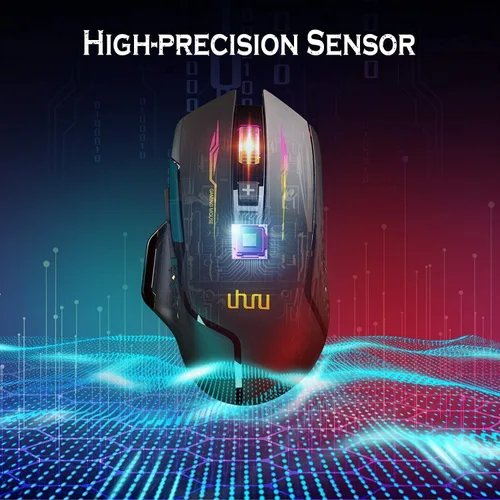 Vista 7 de UHURU Mouse inalámbrico para juegos, con cable e inalámbrico, doble modos, recargable RGB con 7 botones programables, ergonómico y 5 niveles de DPI