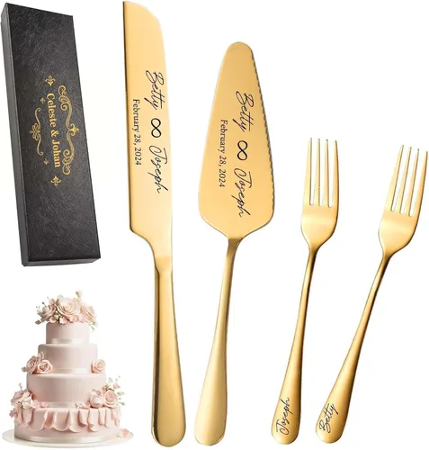 Vista 11 de Juego de cuchillos y servidores personalizados para tartas de boda, tenedores de acero inoxidable, cortador de tartas, juego de corte de pastel