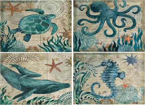 Vista 9 de Paquete de 4 manteles individuales vintage de mar, diseño de estrellas de mar, hipocampo, conchas marinas, diseño de océano, impermeables Beige