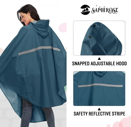 Vista 2 de SaphiRose Chaqueta ligera de ciclismo, poncho de lluvia con capucha, capa con rayas reflectantes para bicicletas (azul profundo)