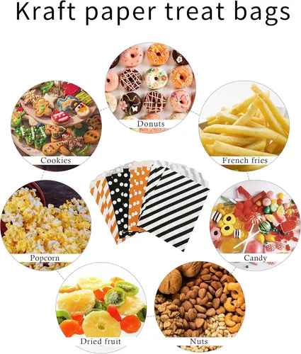 Vista 4 de Jexila Paquete de 100 bolsas de regalo de Halloween, bolsas de papel con patrón de lunares naranjas y negros con patrón de rayas para niños, regalos