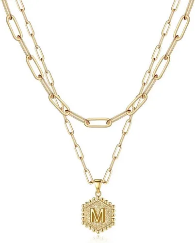 Vista 60 de M MOOHAM - Delicado collar de oro para mujer, de 14 quilates, en capas, lindos collares con letra hexagonal con inicial para mujer, regalos