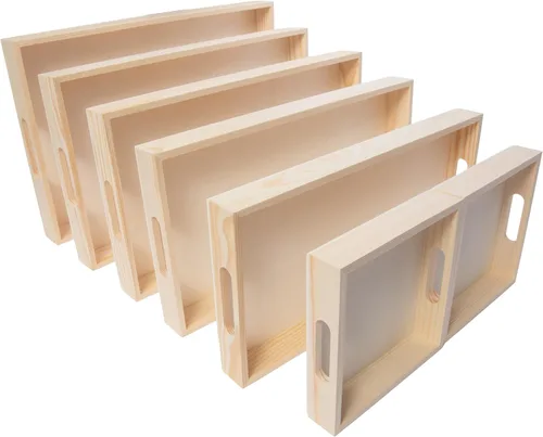 Vista 10 de Bandejas de madera anidadas para servir, bandejas rectangulares sin terminar con asas recortadas para manualidades, otomanos, servir y decoración