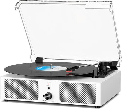 Vista 12 de Tocadiscos de vinilo con receptor Bluetooth integrado y 2 altavoces estéreo, 3 velocidades y 3 tamaños, tocadiscos retro portátil para Amarillo