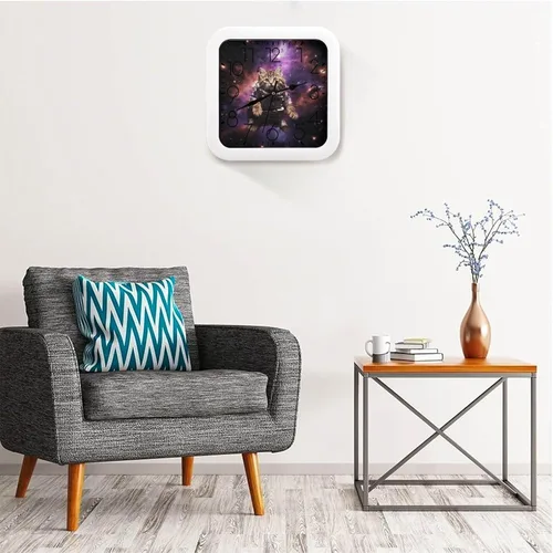Vista 5 de 10" Square Modern Wall Clock,A Cat in Outer Space Print Kitchen Clocks Wall Battery Operated,Silent Non Ticking Unique Funny Cute Wall Clock for