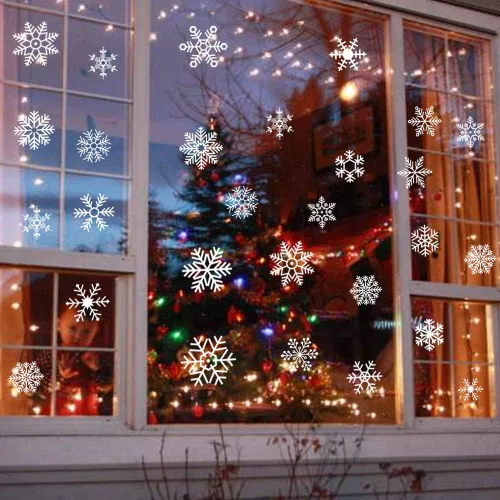 Vista 4 de Decora 48 piezas de calcomanías de copo de nieve de Navidad para ventanas de vidrio, decoraciones de calcomanías de ventana para oficina