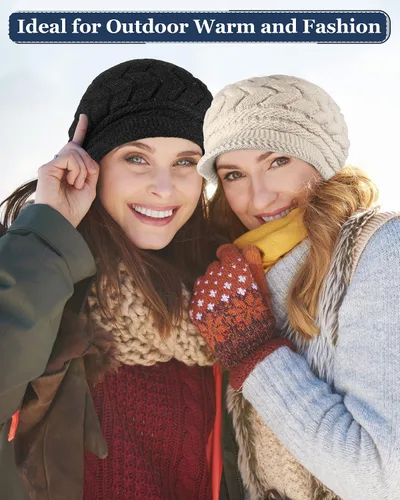 Vista 12 de SATINIOR Juego de 4 gorros y guantes de invierno para mujer, gorro de punto cálido, gorro de esquí de nieve con visera y guante para pantalla rojo