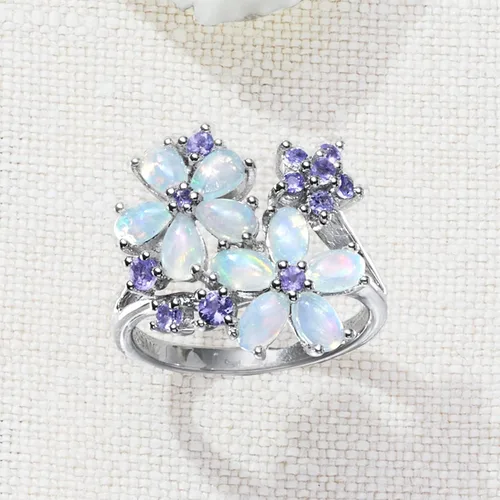 Vista 4 de Ross-Simons Opal and .36 ct. t.w. Tanzanite Flower Ring in Sterling Silver