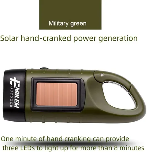 Vista 10 de Emblem OD - Linterna LED con manivela de mano solar, linterna de supervivencia recargable de emergencia con manivela dinamo y clip de carbiner.