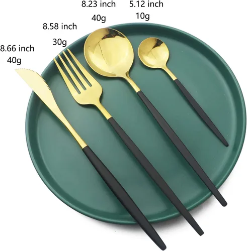 Vista 3 de Juego de cubiertos dorados con mango negro, 24 piezas de acero inoxidable brillante, cubiertos para 6, aptos para lavavajillas