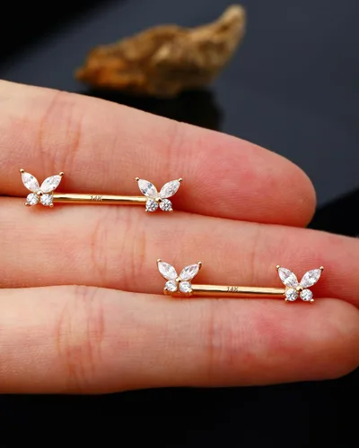 Vista 2 de Jewseen Anillos de pezón de oro macizo de 14 quilates, 2 piezas, barra de pezón de 14G, joyería para pezón de mariposa para mujeres y hombres