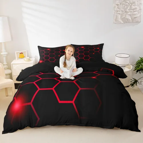 Vista 7 de Juego de ropa de cama decorativa roja y negra, funda de edredón geométrica con líneas de rayas abstractas para niños, niñas, niños, adolescentes