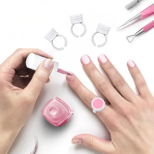 Vista 7 de G2PLUS Anillos de pegamento para extensiones de pestañas, 100 piezas de anillos desechables para pigmentos, soporte de pegamento de pestañas blanco