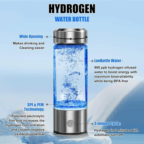 Vista 3 de Botella de Agua de Hidrógeno, Generador de Agua Rica en Hidrógeno, Máquina Ionizadora de Agua de Hidrógeno de Vidrio Portátil Recargable