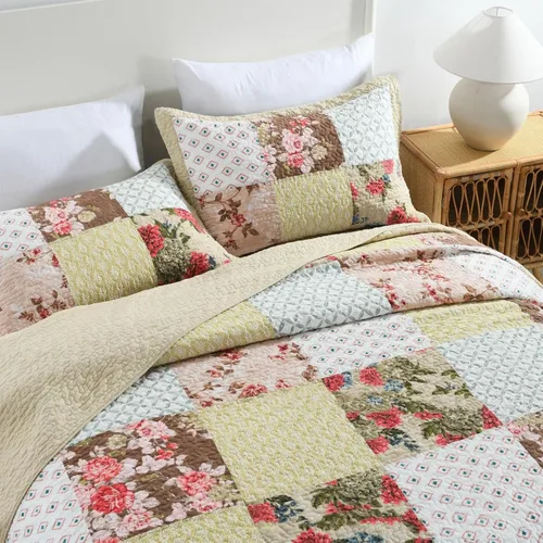 Vista 3 de ABREEZE Juego de edredón de retazos, ropa de cama tamaño Queen, reversible, transpirable, colorido, colcha acolchada floral con fundas de almohada