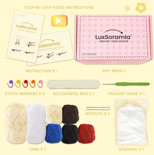 Vista 4 de luxSoramia Kit de ganchillo para principiantes, kit de 2 piezas de perro salchicha para principiantes con tutoriales en video paso a paso, kit