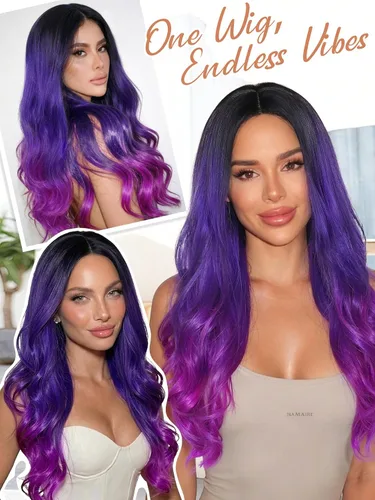Vista 5 de HANNE - Peluca larga color Ombre con cabello rizado sintético, resistente al calor, de alta densidad y llena para mujeres 1B/azul/púrpura