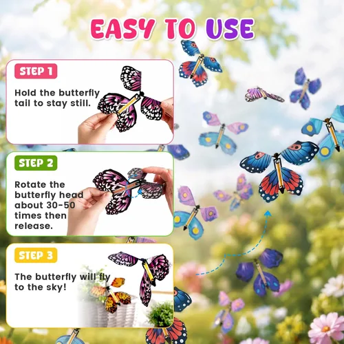 Vista 3 de MCPINKY 26 juguetes mágicos de mariposa voladora, juguete de mariposa de cuerda de hada, juguetes voladores en el libro, caja de explosión sorpresa