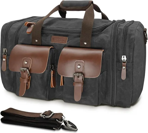 Vista 9 de Wildroad Bolsa de viaje de lona de 50L, bolsa de lona expandible de cuero genuino, bolsa de fin de semana mejorada para una noche, bolsa de mano