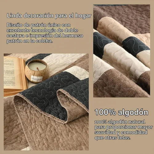 Vista 4 de Finlonte Colcha tamaño Queen, 100% algodón, cubrecamas de gran tamaño, tamaño Queen, color marrón carbón, beige, acolchado, a rayas, estilo granja