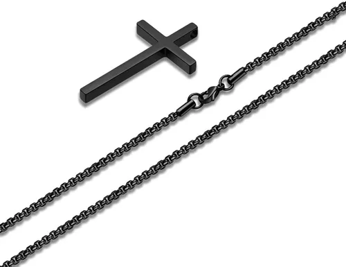 Vista 7 de M MOOHAM- Collar con dije de cruz de acero inoxidable para hombre, cadena de eslabones cuadrados de 16 a 30 pulgadas, color plateado, negro, dorado
