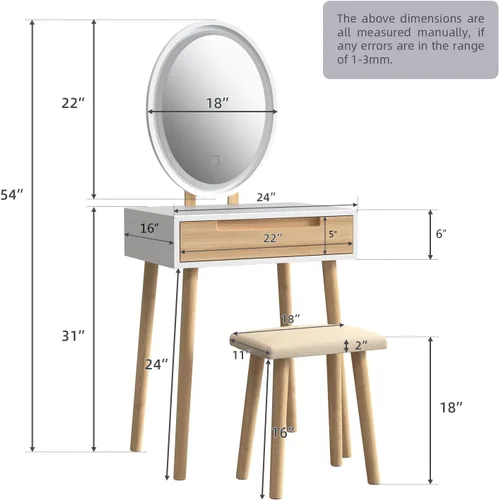 Vista 4 de Juego de mesa de maquillaje YOURLITE con espejo iluminado ajustable de 3 modos, taburete acolchado, mueble tocador para espacios pequeños Juego