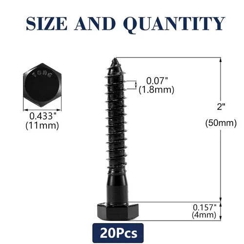 Vista 2 de Tornillos de rezago de cabeza hexagonal de 1/4" x 2", 20 piezas, acero inoxidable 304 18-8, rosca parcial, tornillos para madera de cabeza