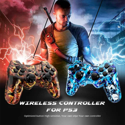 Vista 3 de Kujian Controller for PS3, Wireless Controller for Playstation 3 6-axis Dual Vibration Gaming Controller with Charging Cord(Blaze Skull+Blue punk)