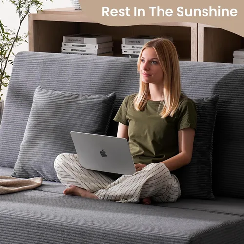 Vista 4 de Sofá cama plegable, silla convertible con almohadas, espuma viscoelástica de alto soporte y tela de pana suave, cómodo sofá cama de dos plazas