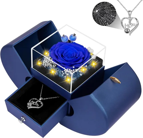 Vista 13 de Lebana Rosa real azul preservada con collar "I Love You", flores eternas, regalos de cumpleaños para mujeres, su madre, esposa, novia, abuela
