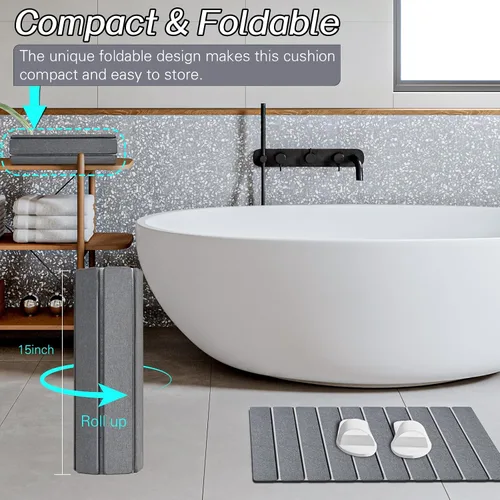 Vista 5 de Paquete de 1 tapete de baño plegable de piedra para baño, tapete de baño gris súper absorbente de tierra de diatomeas, alfombra de ducha