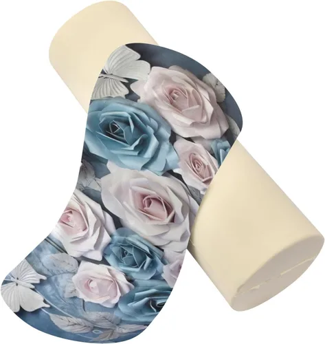 Vista 2 de Blue and White Roses Neck Pillow for Sleeping, Cervical Roll Memory Foam Pillows for Neck Pain Relief, Neck Support Round Pillows with Washable