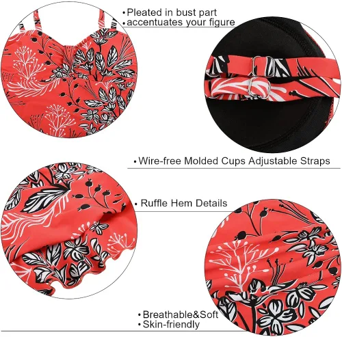 Vista 4 de Hilor - Parte superior del traje de baño tipo tankini retro de los años 50, diseño fruncido y con dobladillo con volantes para mujer