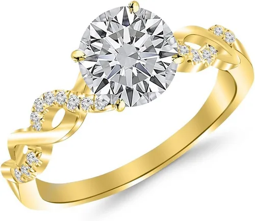 Vista 2 de Anillo de compromiso de oro y diamante Houston Diamond District, diseño de infinito retorcido, con centro redondo de corte brillante I-J I2