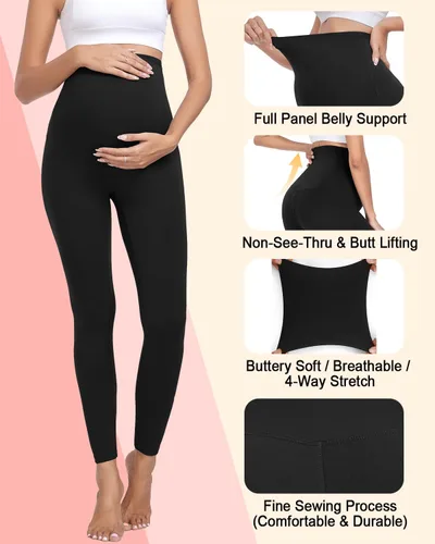 Vista 4 de Paquete de 2 leggings de maternidad sobre el vientre, pantalones de yoga para embarazo, suaves, no se transparentan, leggings de entrenamiento