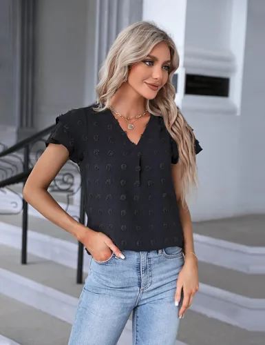 Vista 3 de Blooming Jelly Blusas elegantes para mujer, blusas casuales de trabajo, blusas de verano con mangas con volantes