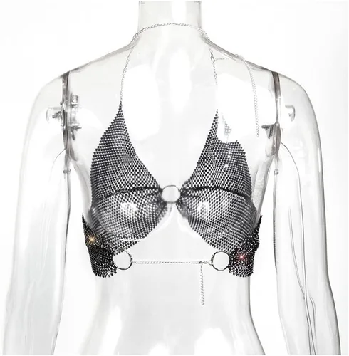 Vista 6 de Camiseta corta sin espalda con diamantes de imitación brillantes para mujer, sexy, halter, transparente, para salir por la noche, fiesta, club