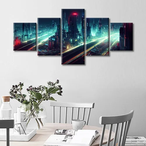 Vista 338 de Cuadros de 5 paneles de Cyberpunk City, arte de pared, representación de vallas publicitarias, edificios modernos en la capital con obras de arte