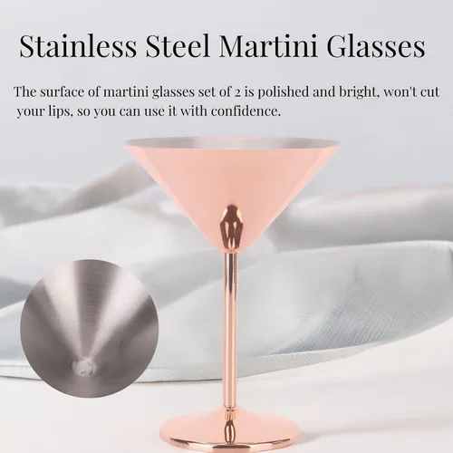 Vista 8 de Juego de 2 vasos de Martini de acero inoxidable, irrompibles de metal, copas de Martini de cobre, elegantes copas de cóctel, copas de vino, juego