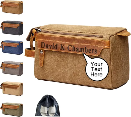 Vista 12 de Neceser personalizado para hombres, kit de aseo personalizado de lona para afeitar, bolsa de aseo grabada con láser, kit de lona de cuero