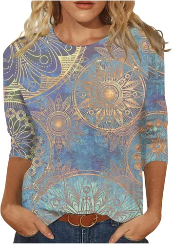 Vista 9 de Blouses for Women 2025 Three Quarter Sleeve Round Neck T Shirt Hawaiian Printing Trendy Fashion Beach Tops