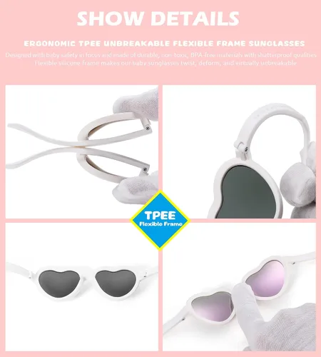 Vista 4 de Gafas de sol polarizadas flexibles en forma de corazón para bebés con correa ajustable para niños pequeños y bebés de 0 a 24 meses