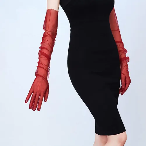 Vista 4 de Guantes largos de tul para mujer, color sólido, longitud del codo, 27 pulgadas, guantes transparentes