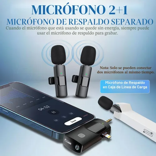 Vista 2 de Micrófono Lavalier inalámbrico 3 en 1 para iPhone, iPad, Android, cámara, batería de 12 horas, mini micrófono de grabación con reducción de ruido