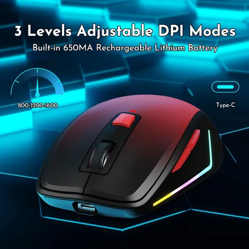 Vista 2 de FENISIO Mouse inalámbrico, mouse inalámbrico RGB para laptop, sensor óptico de 1600 DPI, 3 niveles ajustables, mouse ergonómico recargable de 2.4