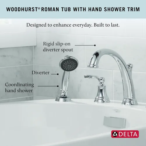 Vista 3 de Delta Woodhurst - Grifo de bañera romana con ducha de mano, grifo de bañera cromado para montaje en cubierta, cromado T4732